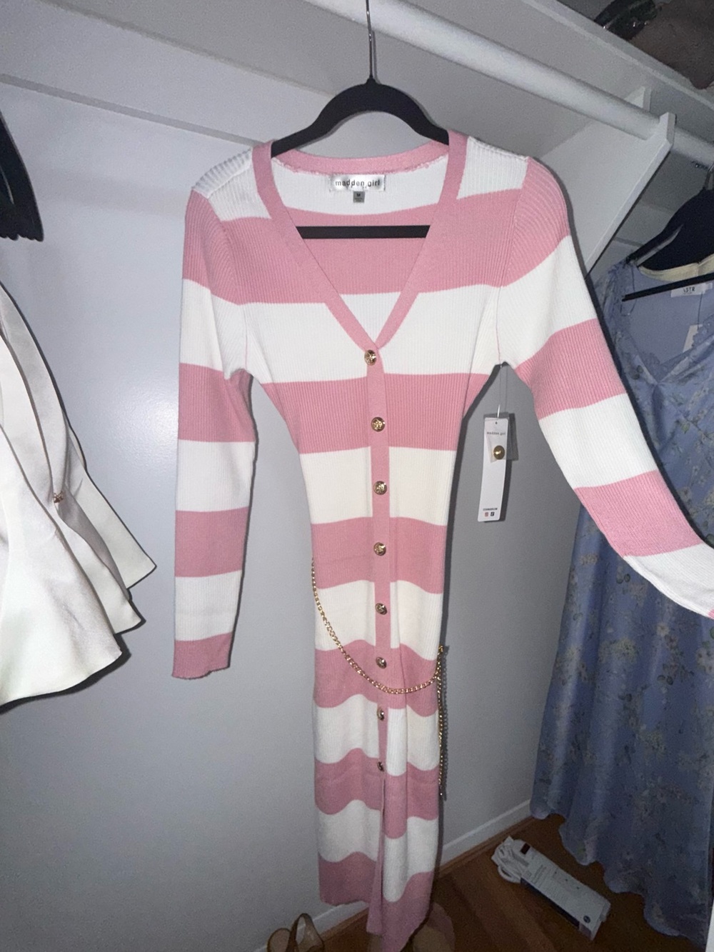 Madden Girl Striped Pink & White Button-Front Knit Dress